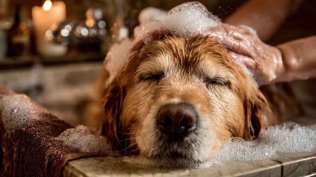 Relaxed golden retriever dog enjoying a bath with soap suds and candlelight
