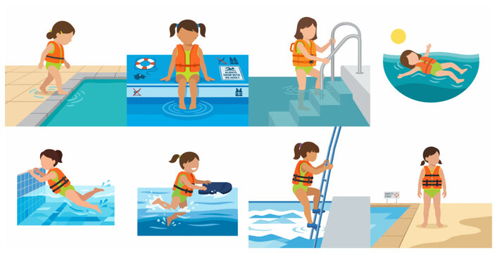 Water safety rules for children vector illustration set featuring a young girl in a life jacket at the swimming pool