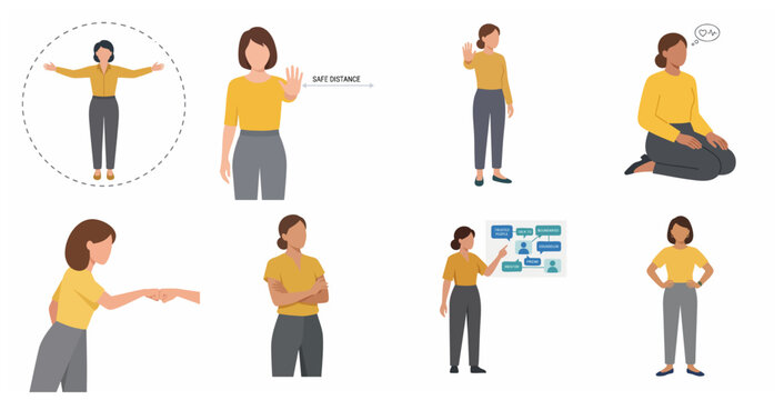 Set of woman character illustrations representing personal boundaries, social distancing, and mental health concepts.