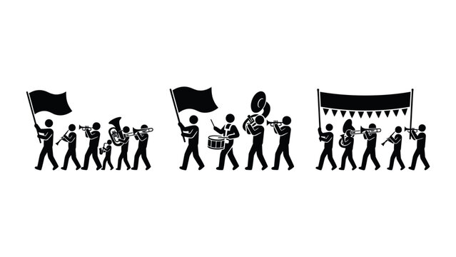 Collection marching band with musicians, flags, drums, banners in on background, for music, parade, celebration themes