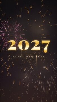 Vertical 2027 Happy New Year gold text with fireworks bursting in the night sky for social stories