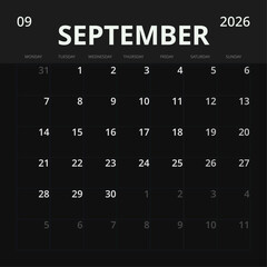 September 2026 English Black Minimalist Monthly Desk Pad Calendar Clean Standard Grid Layout (Compatible with 2037 and 2043). © vector_master