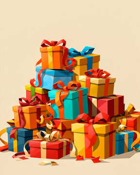 Paper-cut pile of ribboned gift boxes / festive kirigami design asset

