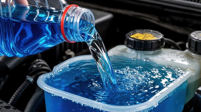 Pouring blue antifreeze coolant liquid into car windshield washer fluid reservoir. Auto maintenance task for winter car prep and cleaning needs.