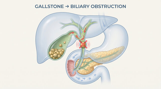 Medical Illustration of Gallstones Causing Biliary Obstruction