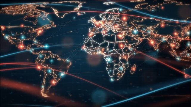 World map loop with glowing city connection lines and red and blue data light streams crossing it