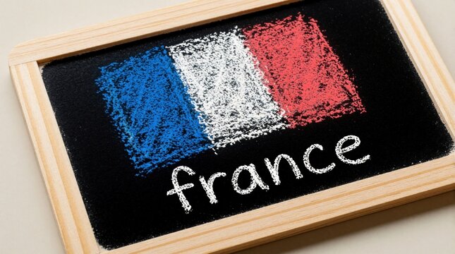 Small wooden blackboard with French flag drawn in blue white, red chalk. Handwritten word france below tricolor symbol. Minimalist concept of French nation identity, patriotism, travel. Simple