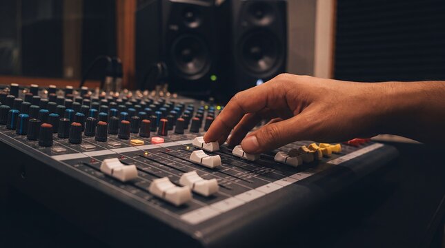 Professional audio engineer hand adjusting faders on mixing console, sound producer working in recording studio, music production and post-production concept