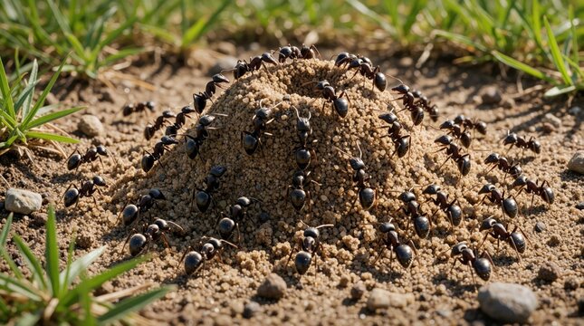 Ants build anthill with soil grains. Insects work together in colony, moving materials to construct home. Tiny creatures form complex community, showing nature teamwork on ground.