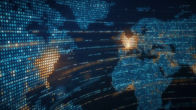 Close up dotted world map of glowing blue pixels with orange hotspots and streaking light trails