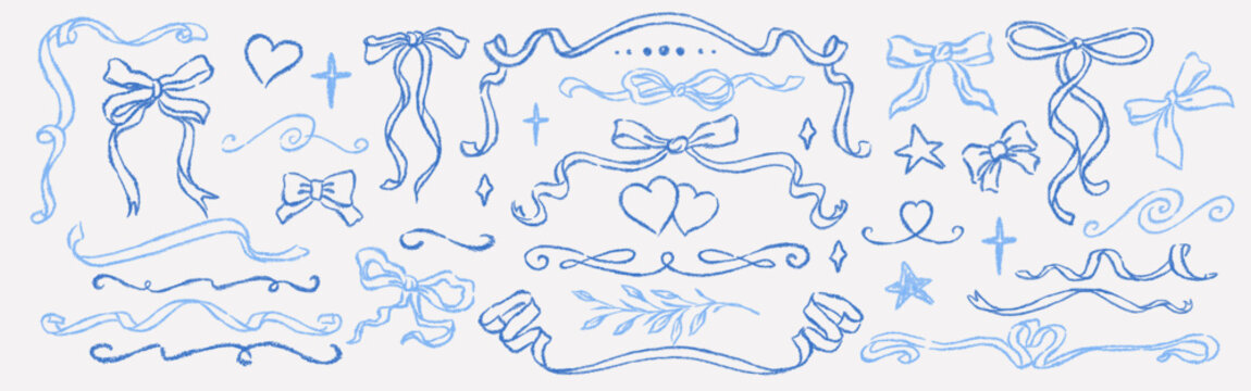 Hand drawn blue crayon set with bows, flowing ribbons, hearts, stars, leaf branch and decorative flourishes for wedding, invitation, scrapbook and stationery designs.