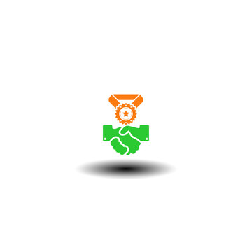 Vector illustration of handshake and medal or award with star. Symbol of FMV Fair Market Value.