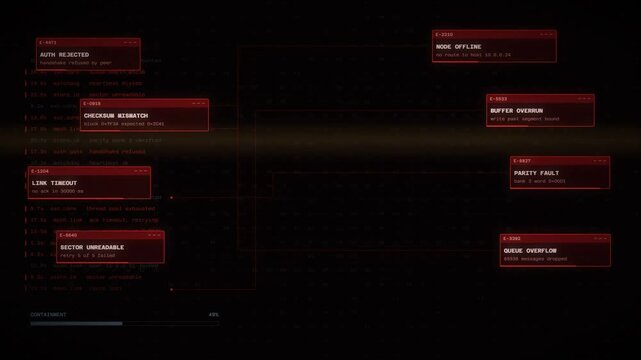 Critical fault error dashboard filling with red system failure alerts until the system halts