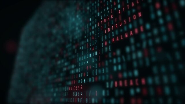 Cyber attack code background with red malware breach and intrusion words in falling digital data