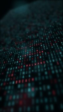 Vertical hacking code background with red breach malware and threat words in falling digital data