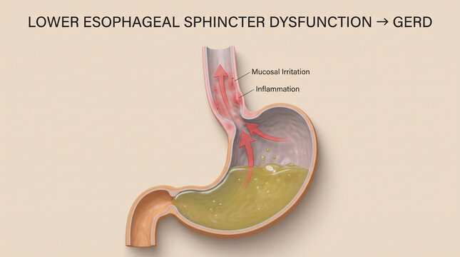 Lower Esophageal Sphincter Dysfunction and GERD Mechanism Illustration