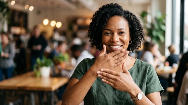 Smiling woman using sign language in a cafe with blurred background and warm lighting
