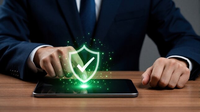 Businessman uses digital tablet for secure data protection. Man touches glowing green shield icon with checkmark on screen. Cyber security concept shows verification, privacy safety in online