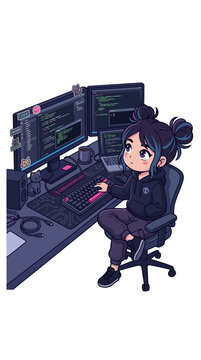 Chibi girl programmer working at multi-monitor computer desk.