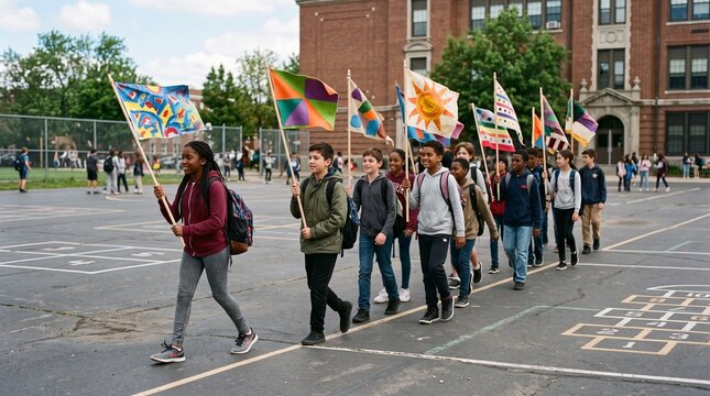 Diverse group of elementary school children marching with colorful handmade flags outside their school building