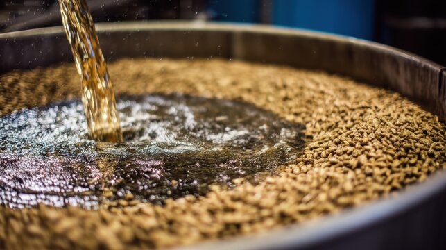 Water pouring into a large tank containing small brown pellets, illustrating the process of brewing or fermentation in an industrial setting