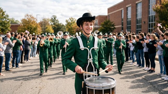 Teenage boy leads marching band in green uniform playing drum during a parade outside school building