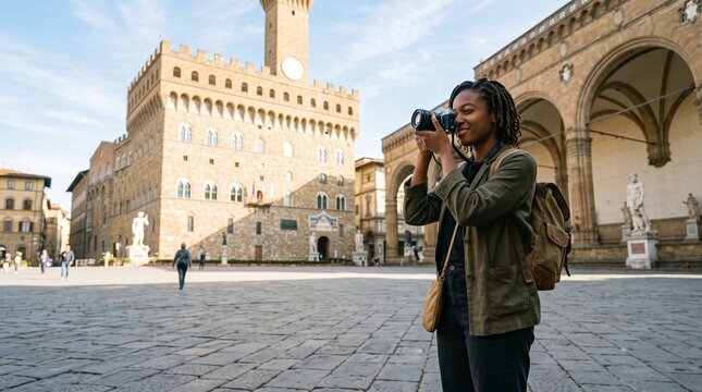 Young Black Woman Tourist Capturing Photos of Historic Palazzo Vecchio in Florence Italy