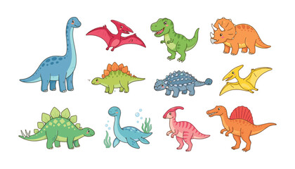 Cute cartoon dinosaur vector character collection with isolated prehistoric animal icons funny jurassic reptile clip art elements for kids © moinul