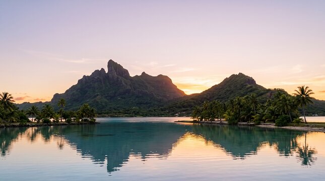 Bora Bora Island Paradise Sunset Over Turquoise Lagoon With Lush Green Mountains and Palm Trees Reflected in Water