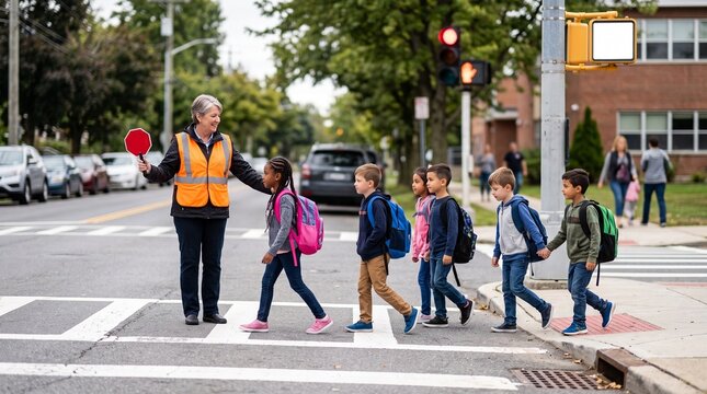 School crossing guard helps diverse group of children safely cross street on their way to school