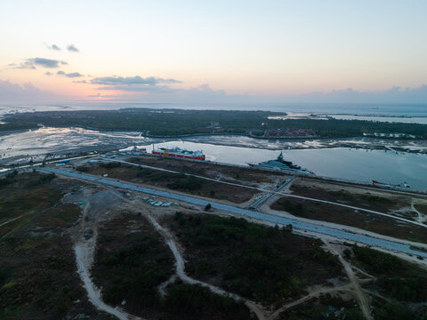 Aerial view of the Floating Storage and Regasification Unit docked at the port in Kecamatan Denpasar Selatan, Bali, Indonesia.