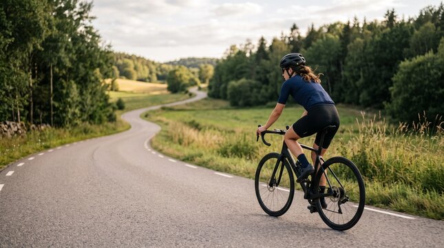 Woman cycling on a winding road through green countryside during golden hour with trees and fields