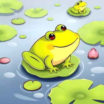 Two frogs sitting on lily pads with water droplets and flower petals a