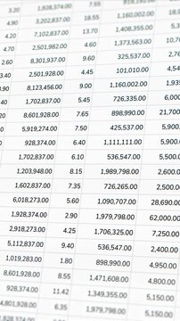 Closeup financial income table and accounting document on screen, live business sale data analysis spreadsheet, company balance sheet finance number statement, product market revenue statistics report
