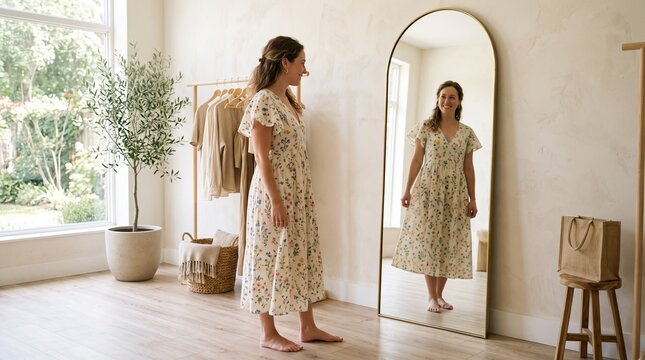 Woman in floral dress trying on clothes in front of a large mirror in a bright room with plants and clothing rack
