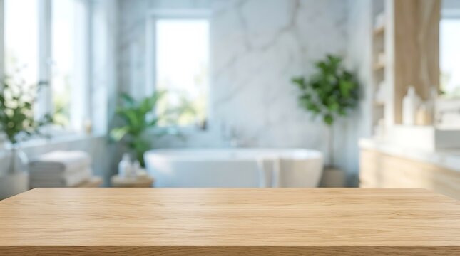 Empty wooden table countertop with blurred luxury bathroom background for product display mockup and cosmetic placement