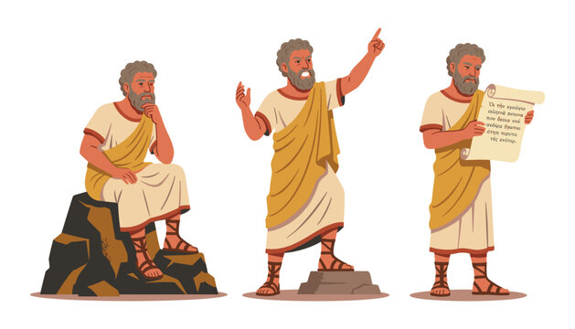 Ancient Greek philosopher character vector set showing a bearded thinker sitting on rocks speaking out loud and reading scroll