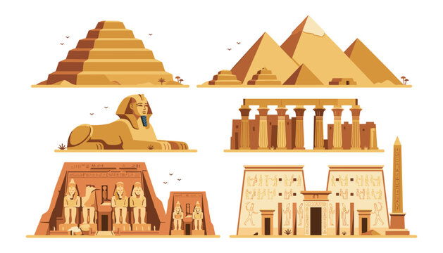 Ancient Egypt landmark architecture and monument vector set with giza pyramids sphinx abu simbel temple and ruins flat cartoon illustration