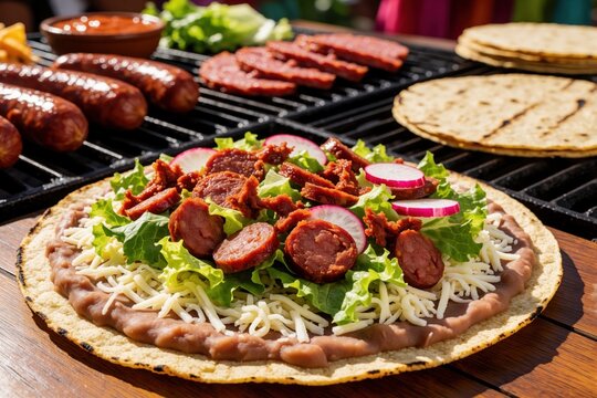 Large Mexican tlayuda with beans lettuce cheese sausage and radishes. Grilled sausages chorizo and tortillas on outdoor grill table. Fresh meal ingredients and sauce are ready.