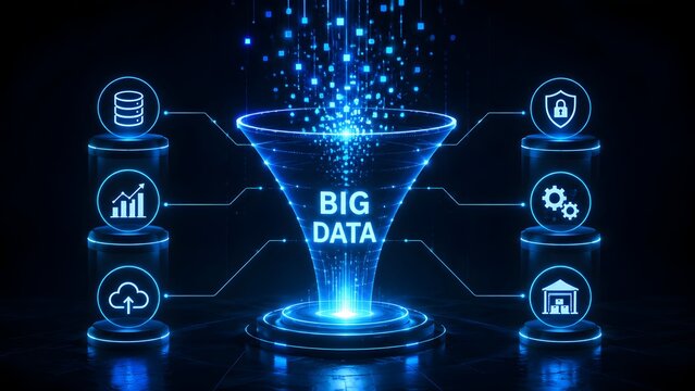 Glowing digital funnel processing data streams into big data storage servers with futuristic blue neon network icons