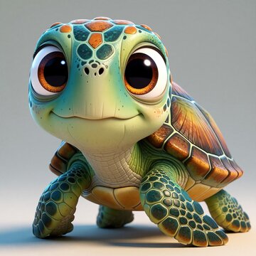 Cute cartoon turtle with big eyes and textured shell. This adorable digital character is friendly and happy, perfect for kids apps and storybooks.