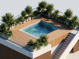 Obraz premium Modern rooftop swimming pool with wooden deck and rich green plants. An urban oasis for city living, relaxation, and summer recreation. Luxury apartment amenity.