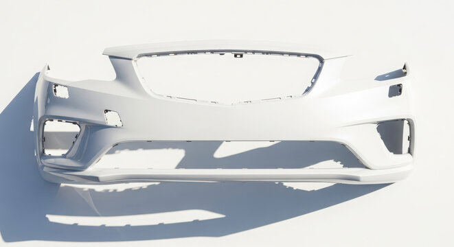 Modern unpainted front car bumper, an essential automotive replacement part for vehicle repair or new car customization, shown on white background. on white background