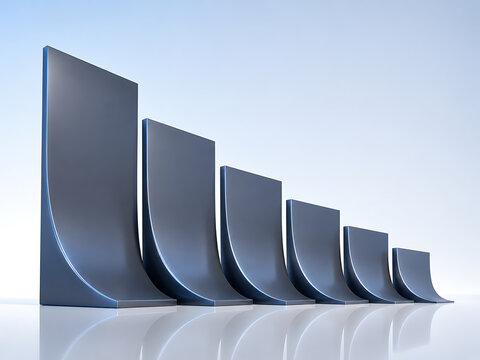 Blue abstract geometric shapes resembling a decreasing bar graph on a reflective surface