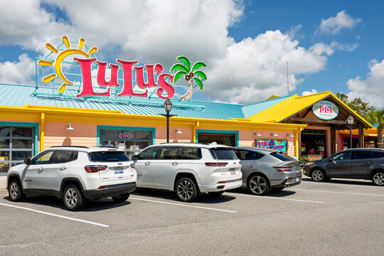 The colorful exterior of Lucy Buffett's LuLu's, a waterfront cafe and entertainment venue founded by Lucy Buffet the sister of legendary musician Jimmy Buffet, Myrtle Beach South Carolina, July 6 2026
