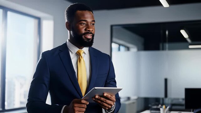 Man in blue suit using digital tablet in modern office, looking down then looking away with a smile. Business professional, corporate communication, entrepreneurship.