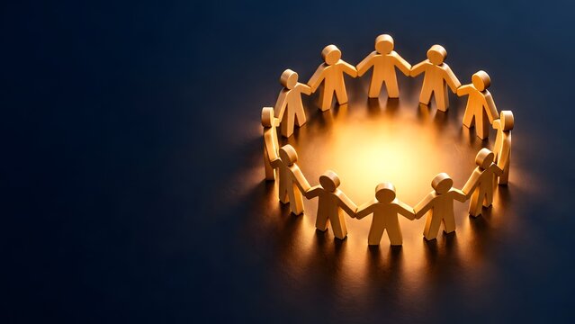 Wooden human figures holding hands in circle around glowing light symbolizing unity