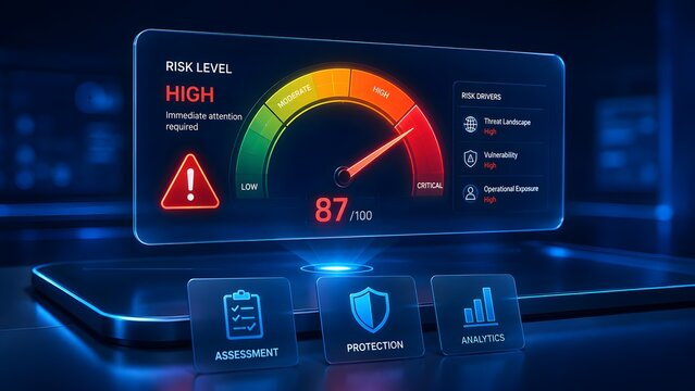 Digital risk level dashboard interface showing high alert status with security and analytics icons.