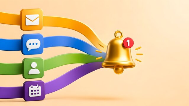 Golden notification bell icon with colorful ribbons connecting to communication symbols representing network.