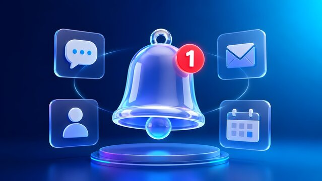 Transparent glass notification bell with red alert surrounded by glowing communication icons.